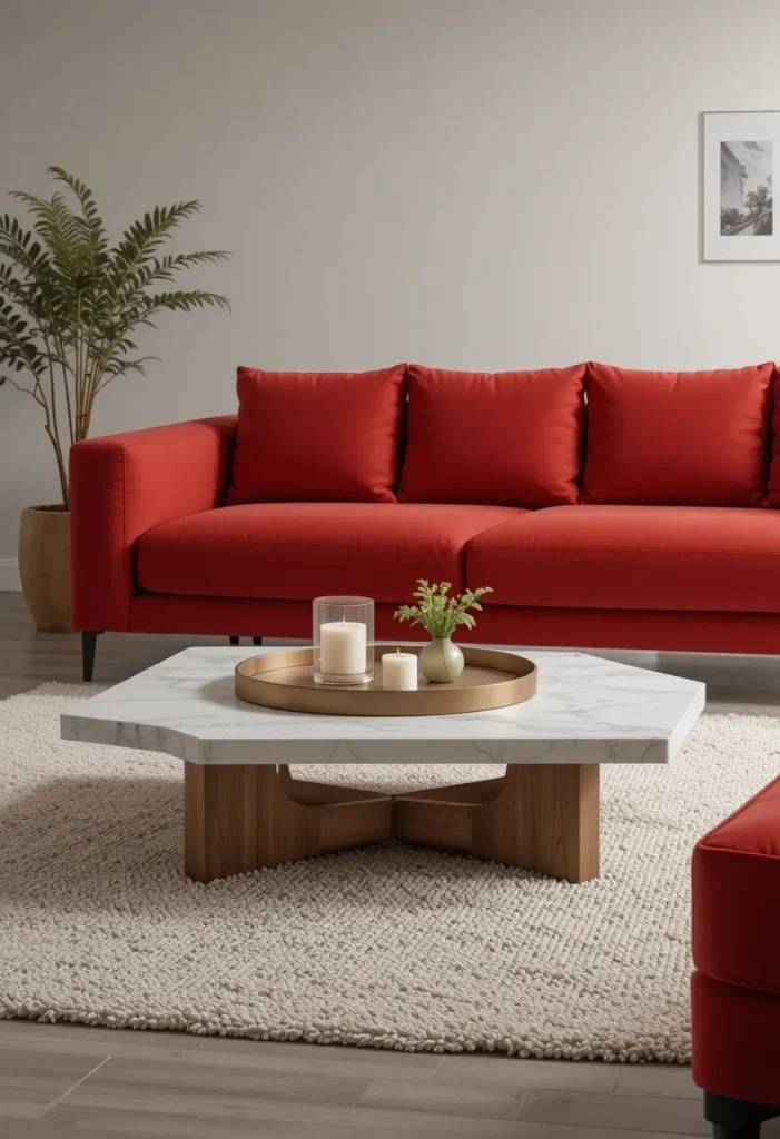 Red couch paired with a simple minimalist coffee table in a clean living room.