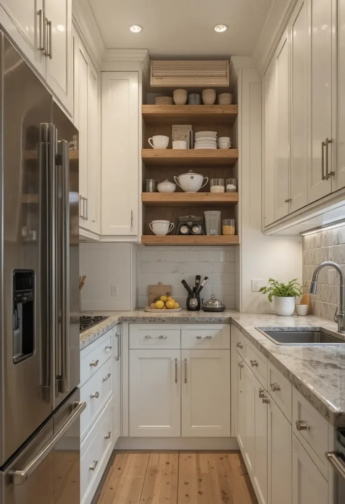 Floor-to-ceiling cabinets maximizing storage in a small kitchen.