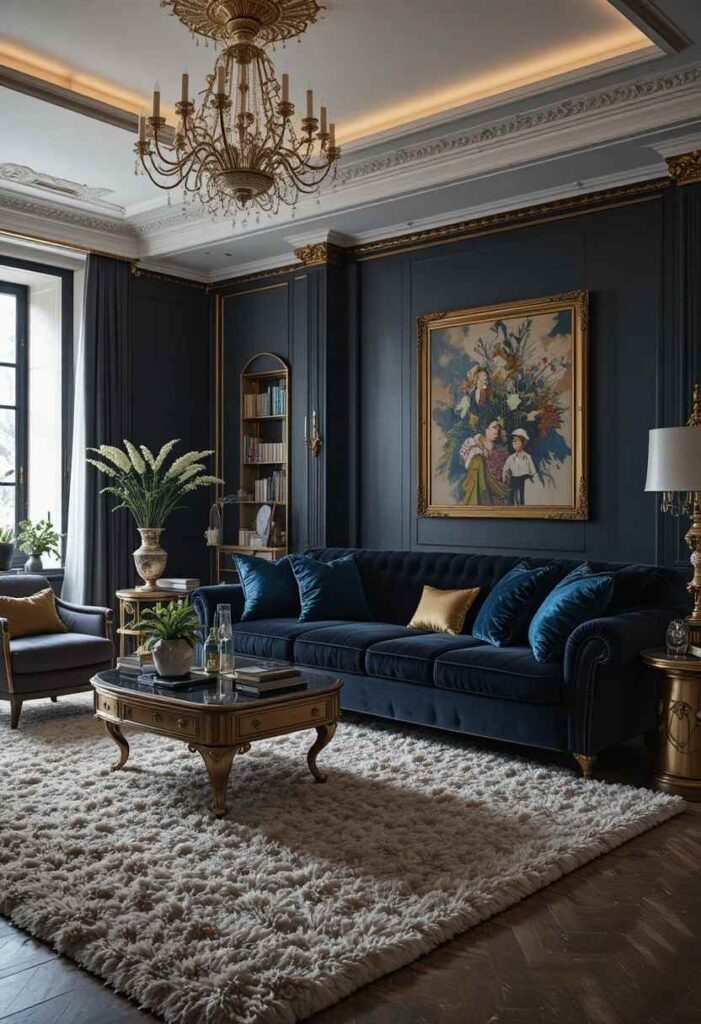 Black velvet couch creating a luxurious and dramatic living room.