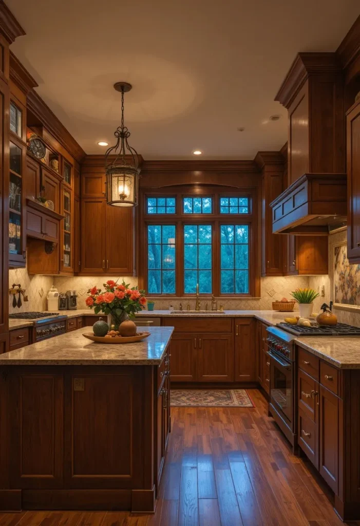 Warm ambient lighting highlighting the natural beauty of hickory kitchen cabinets.