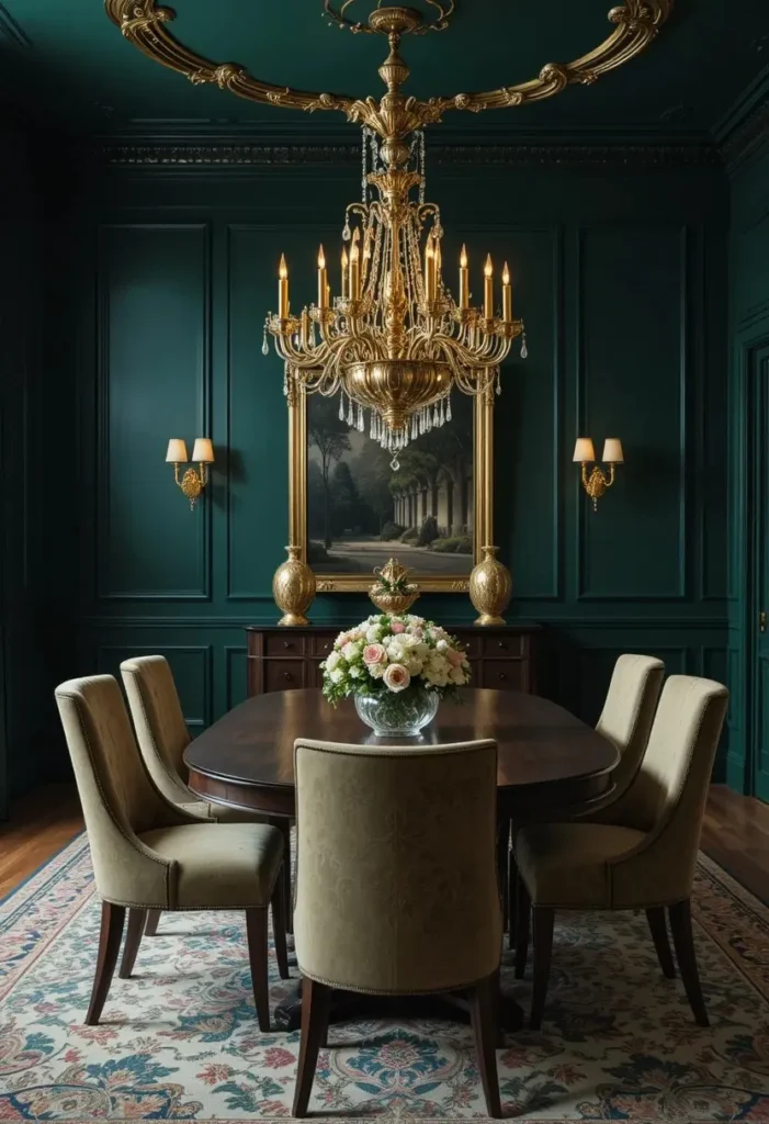 Dining room featuring emerald green walls paired with gold accents and a walnut dining table.