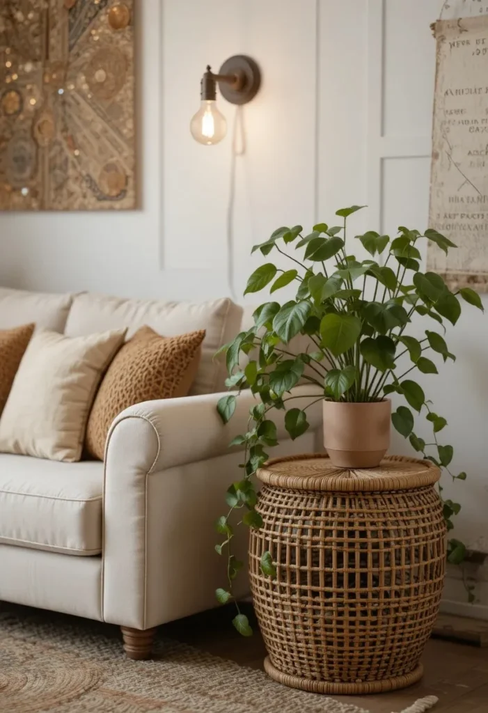 Stacked vintage leather suitcases used as a side table beside a sofa, antique decor accents, warm wood floors, cozy living room styling, nostalgic atmosphere, classic interior design, realistic photography with rich textures