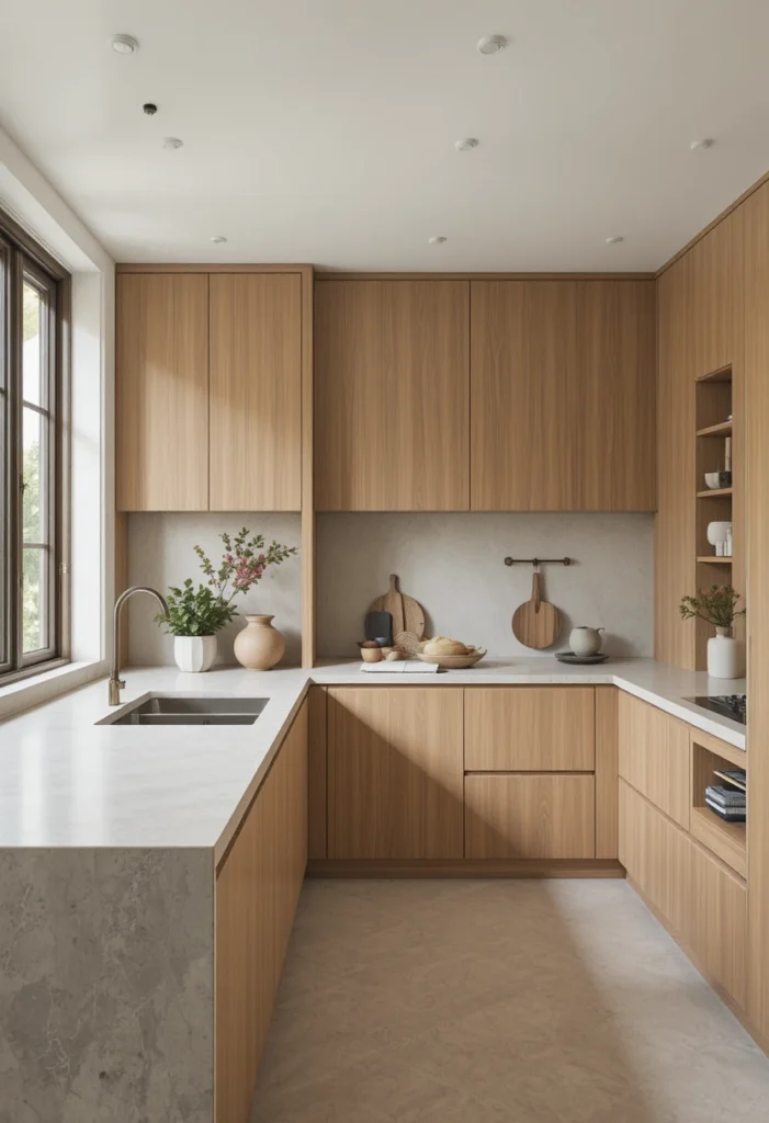 Japandi kitchen with matte natural stone countertops and warm oak cabinets.