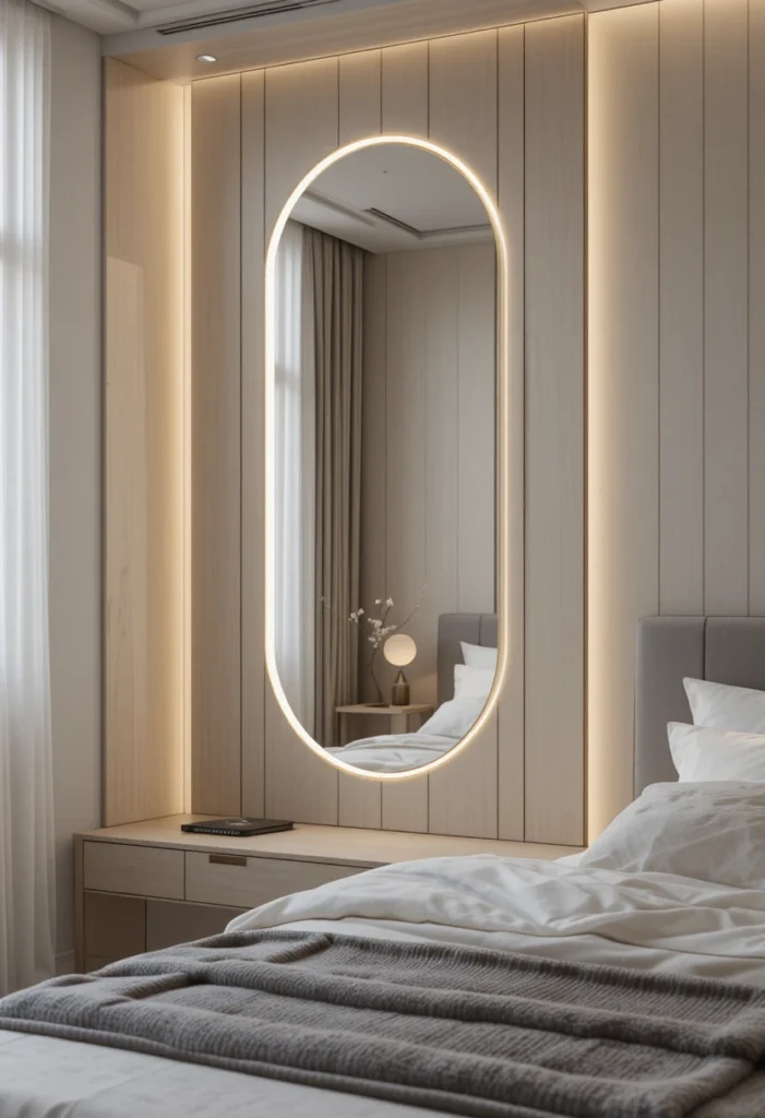 LED-lit mirror creating soft ambient lighting in a modern bedroom.