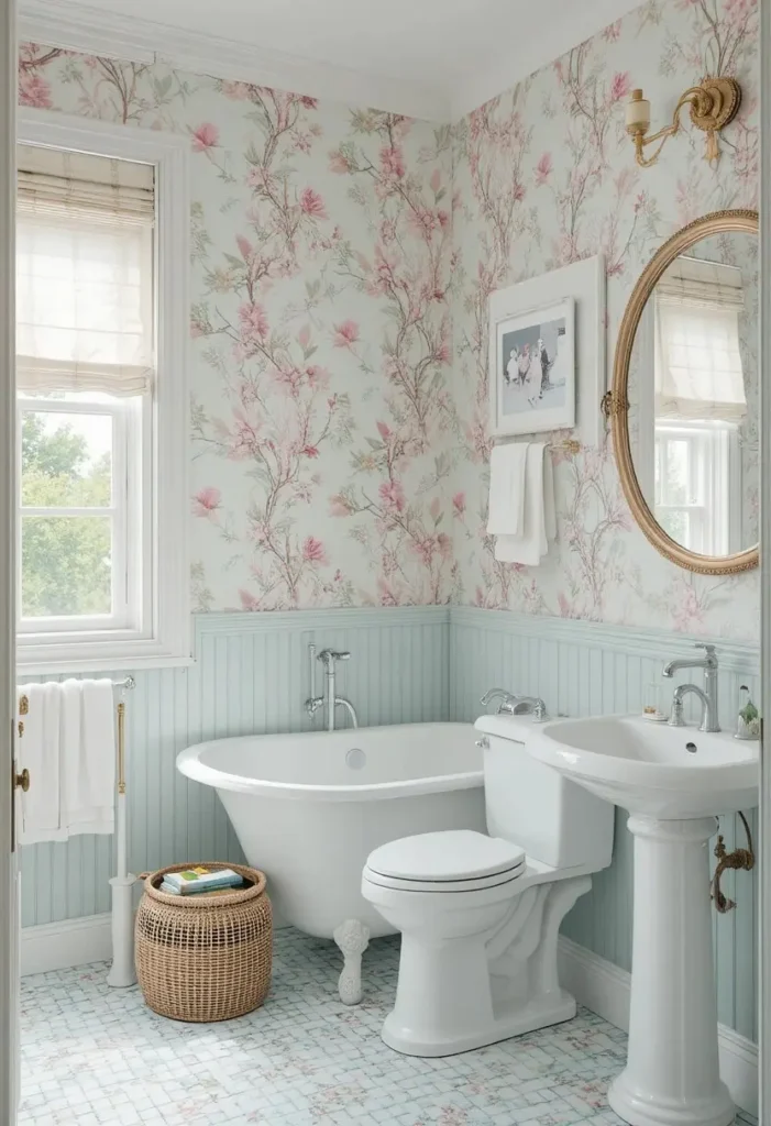 Soft pastel wallpaper creating a calm and inviting bathroom retreat.
