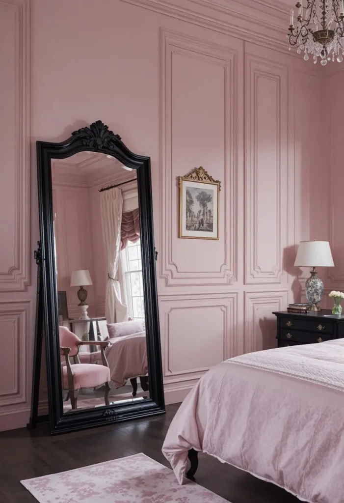 Bedroom with a large black-framed mirror adding depth and style.