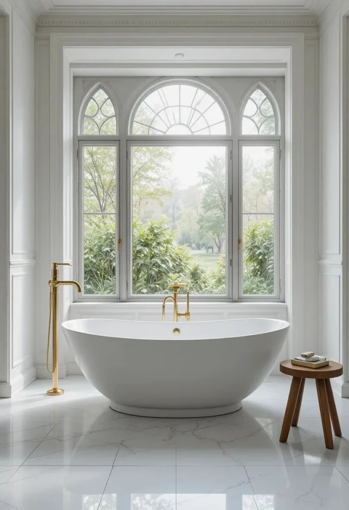 Luxury white freestanding bathtub in a bright spa-inspired bathroom