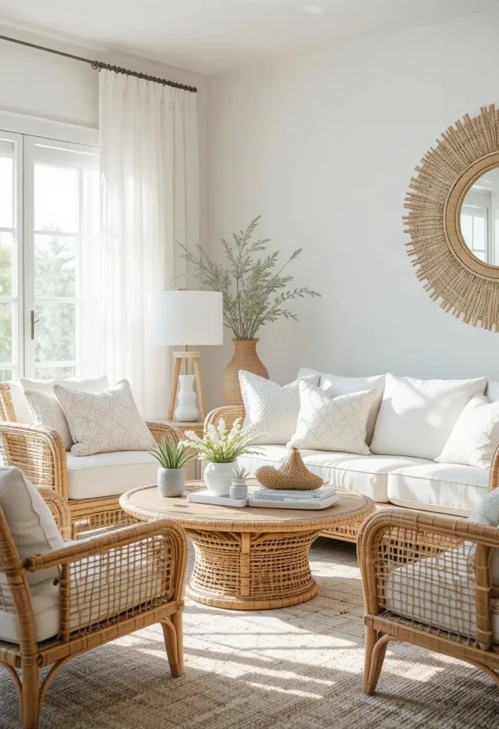 White couch styled with rattan furniture in a coastal boho living room.