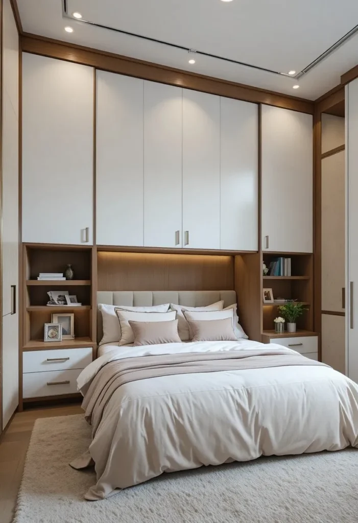 Murphy bed integrated with wardrobe storage and built-in cabinetry.