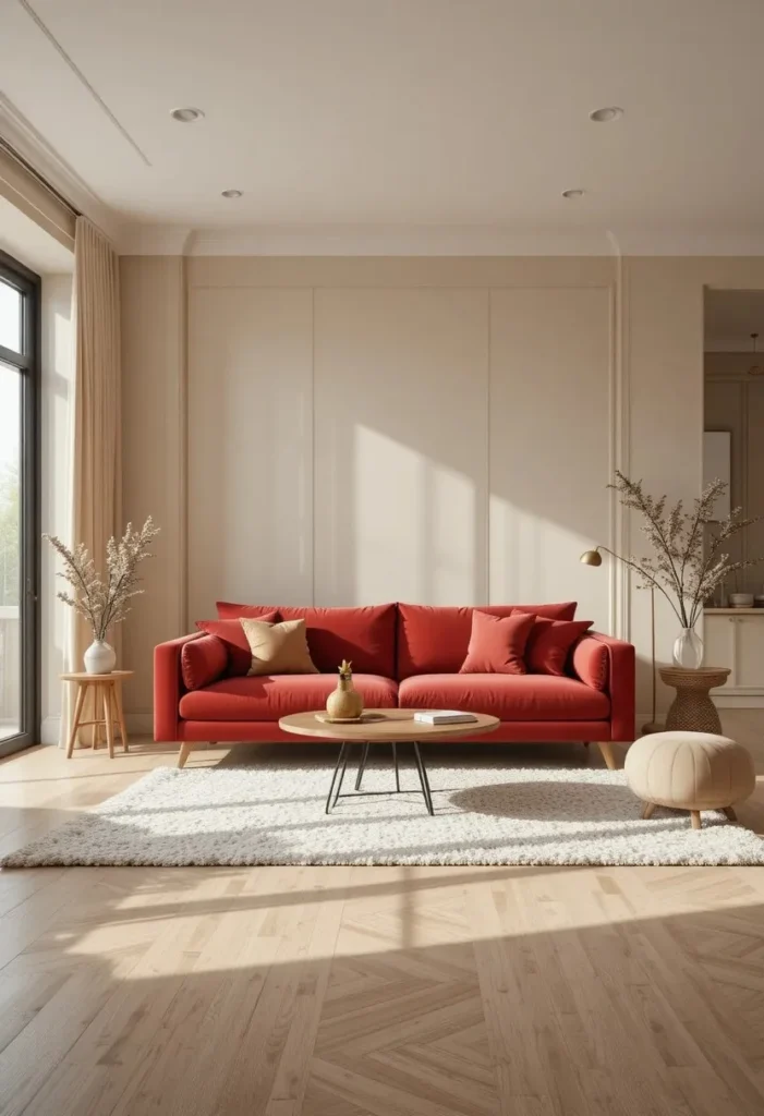 Red couch living room with warm neutral walls creating a soft balanced backdrop.