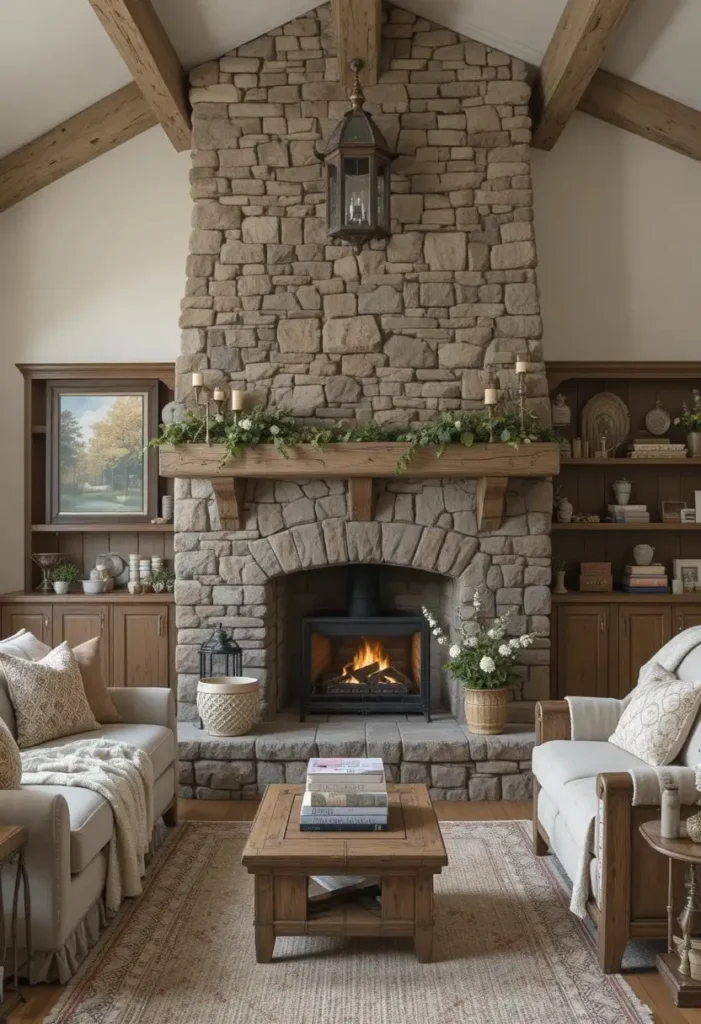 Stone fireplace farmhouse living room creating a warm and cozy focal point.