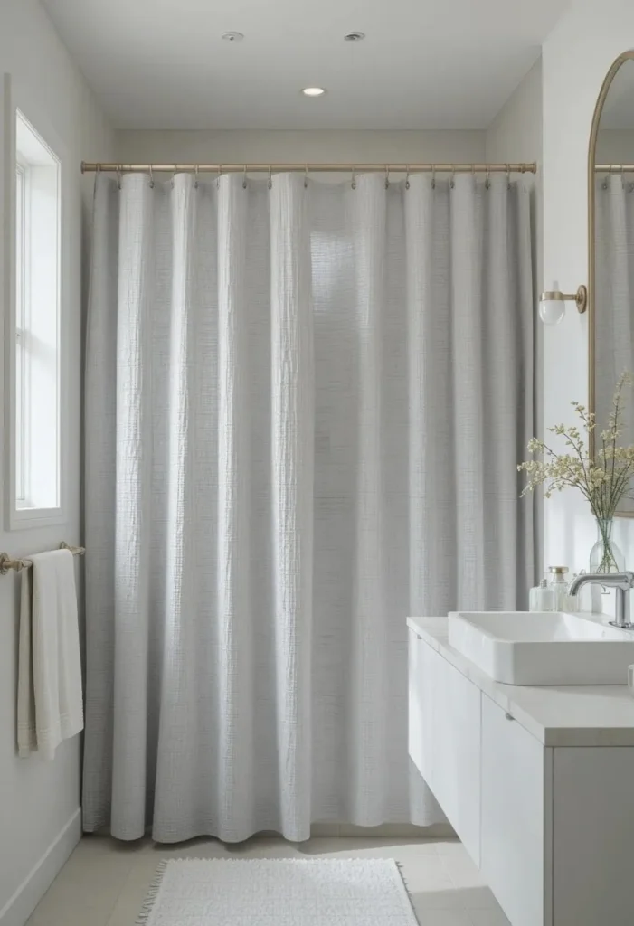 Gray waterproof fabric shower curtain in a modern spa-style bathroom.