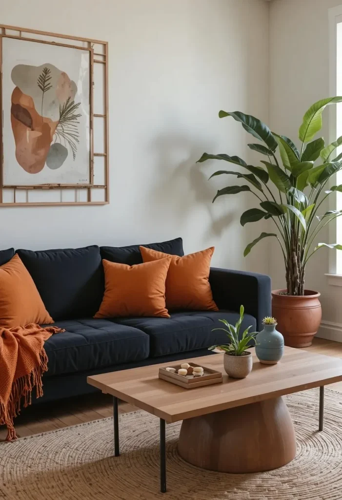 Black couch combined with terracotta accents for warm earthy contrast.