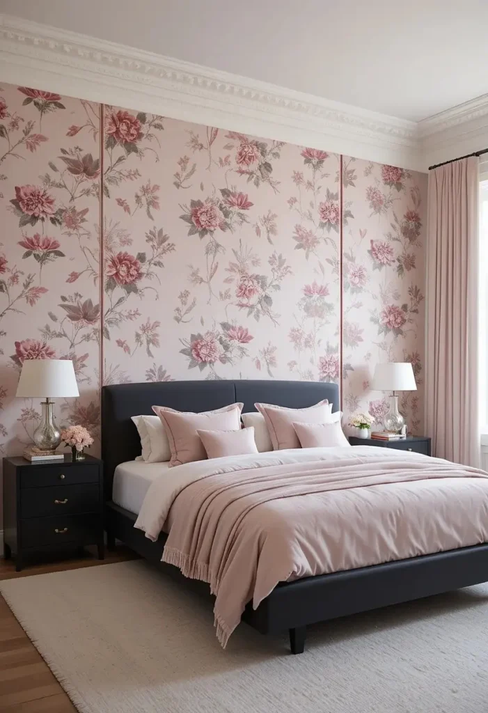 Pink floral wallpaper paired with black furniture in a stylish bedroom.