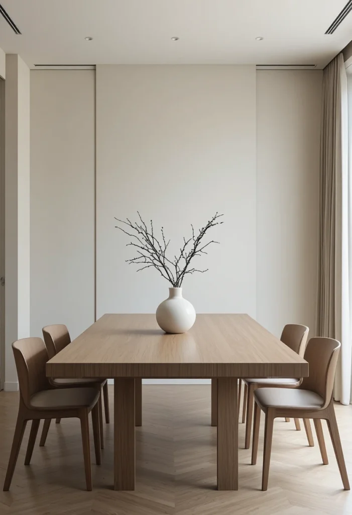 Minimalist dining table styled with a single ceramic vase centerpiece.
