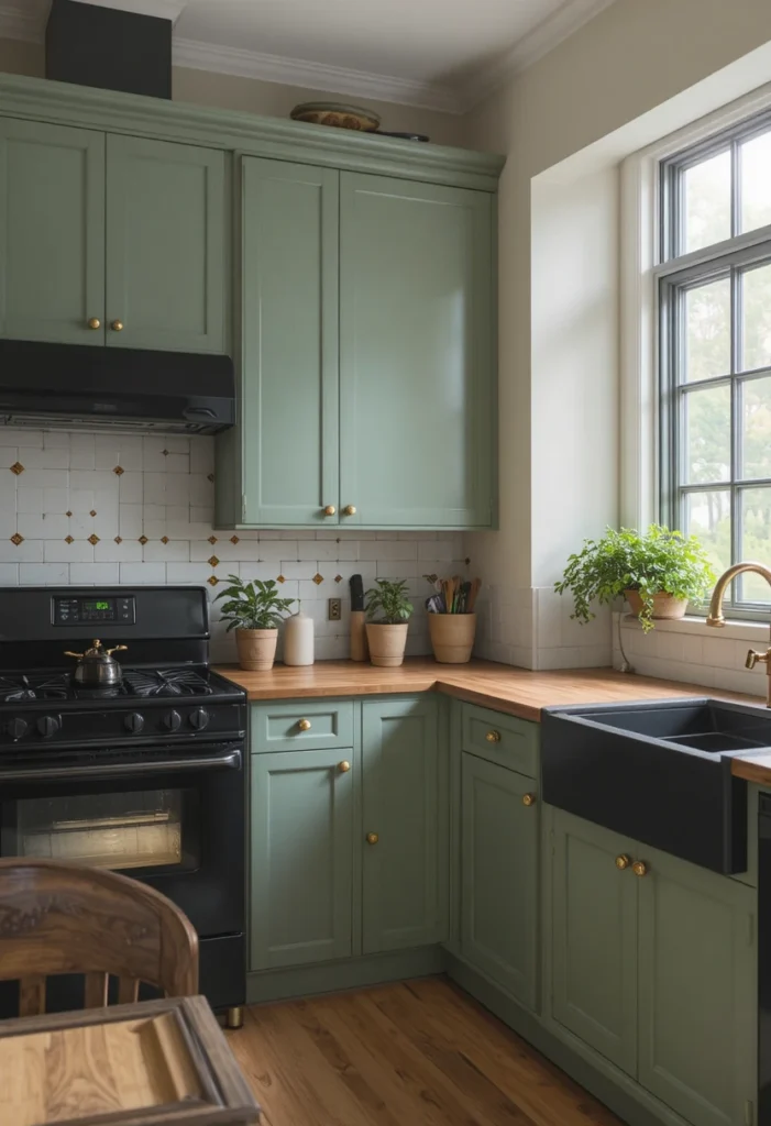 Sage green kitchen with black appliances and natural fresh styling