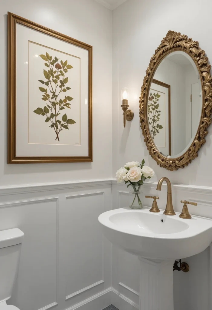 Guest bathroom decorated with framed artwork and elegant accessories