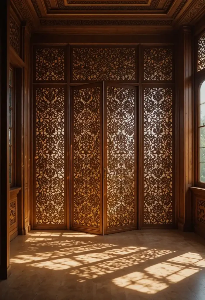 Decorative wooden screen divider adding warmth and artistic character.