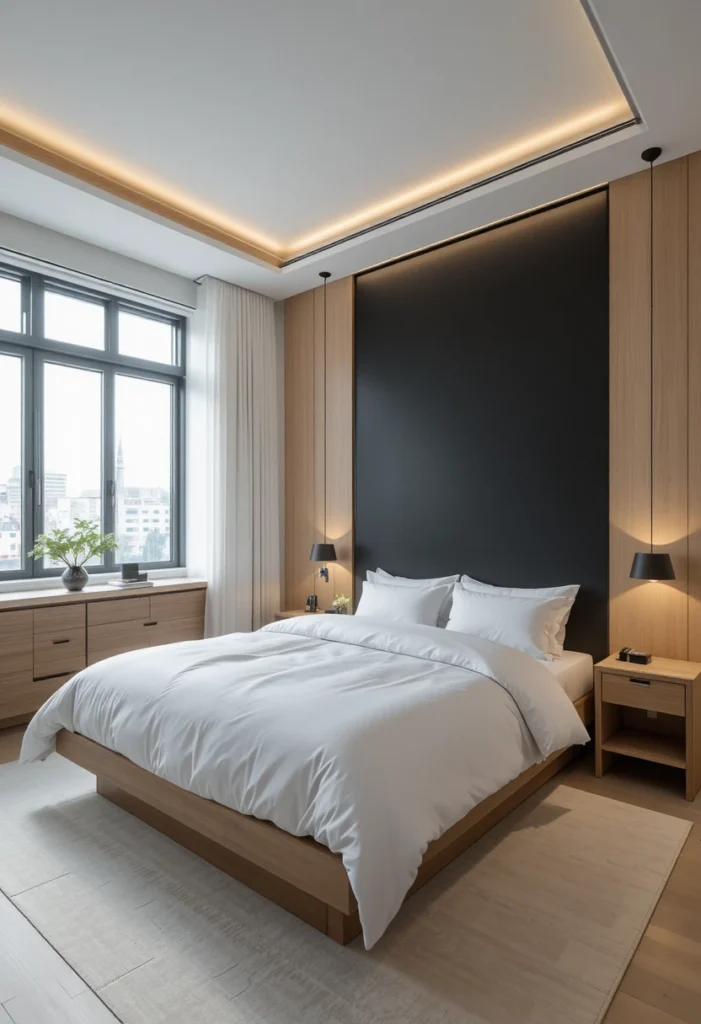 Modern bedroom with a black accent wall and bright neutral decor