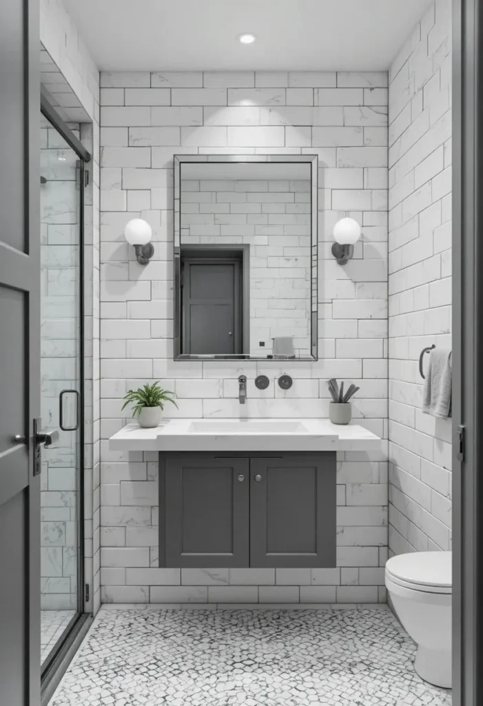White subway tile bathroom with dark grout and black fixtures