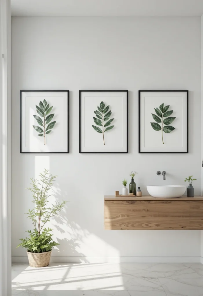 Three framed botanical prints displayed on a white bathroom wall.