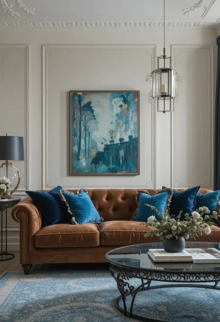 Navy blue and teal accents creating contrast with a brown sofa.