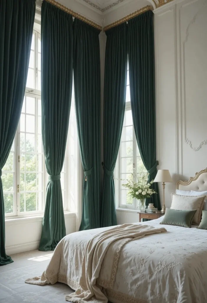 Light bedroom with dramatic dark green floor-length curtains framing large windows