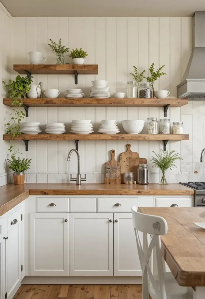 Cream beadboard backsplash with floating wood shelves displaying dishes and plants.
