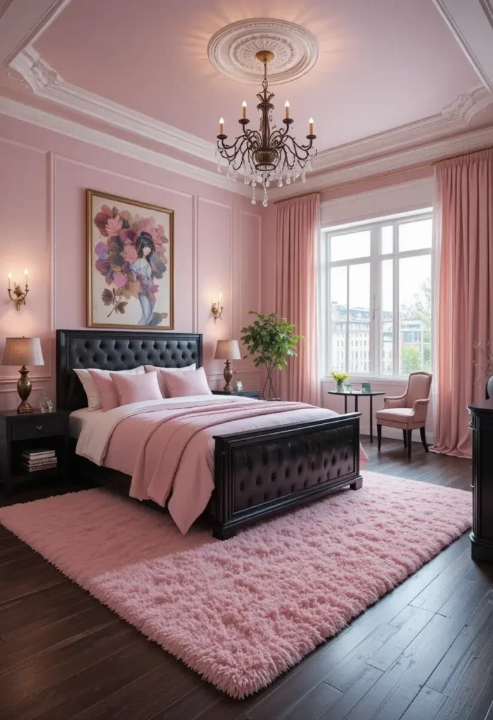 Pink area rug creating contrast against dark flooring in a modern bedroom.