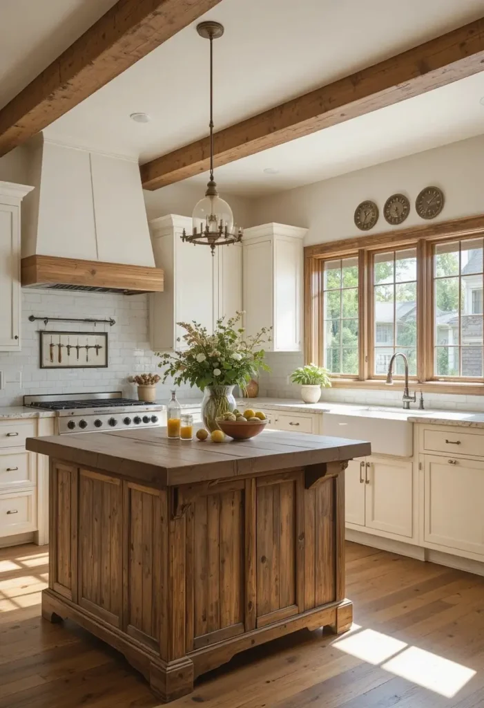 Rustic farmhouse L-shaped kitchen with a reclaimed wood island and vintage charm.