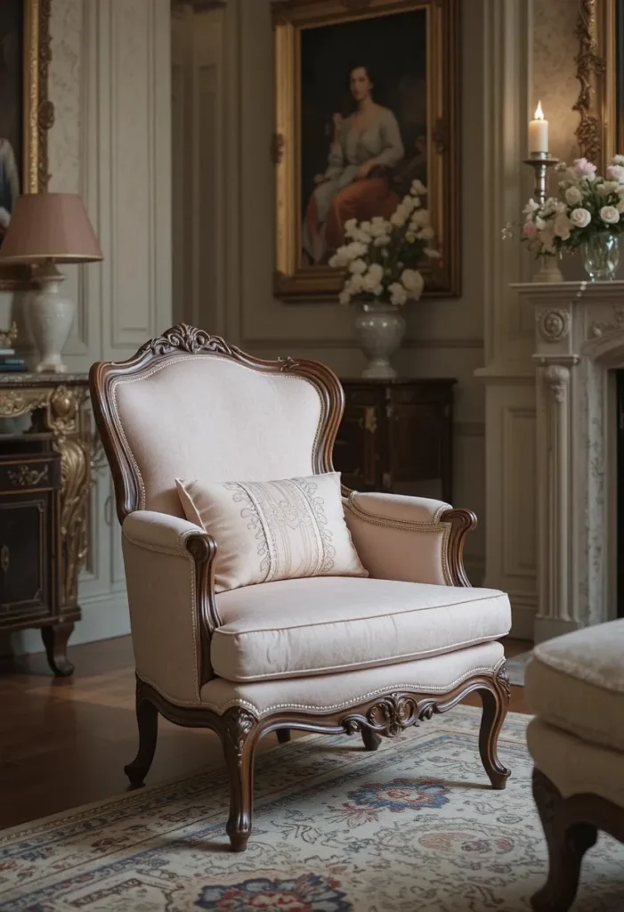 French-style accent chair with carved wood details and elegant upholstery.