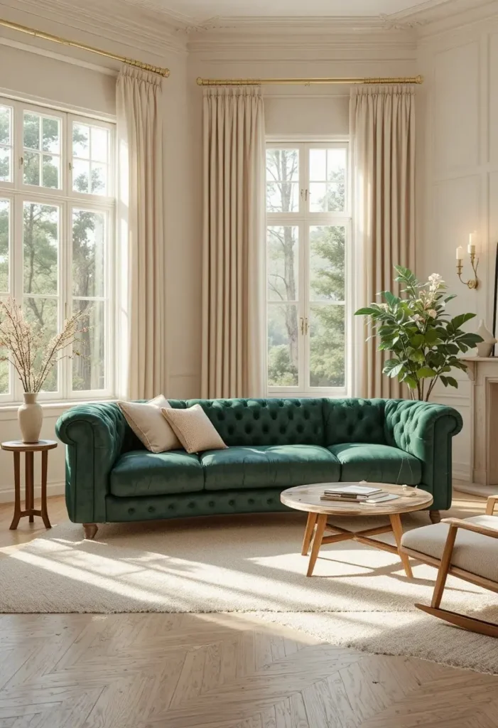 Green leather couch styled against warm ivory walls with soft natural light and neutral decor.
