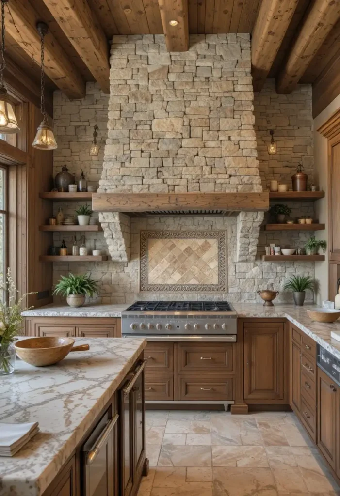 Natural stone mosaic backsplash adding texture and warmth to a rustic kitchen.