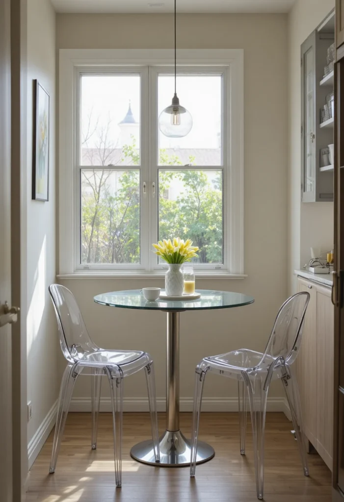 Transparent furniture making a small kitchen dining area feel more spacious.