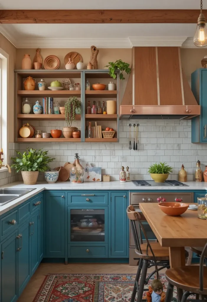 Teal blue kitchen cabinets with warm wood and copper accents.