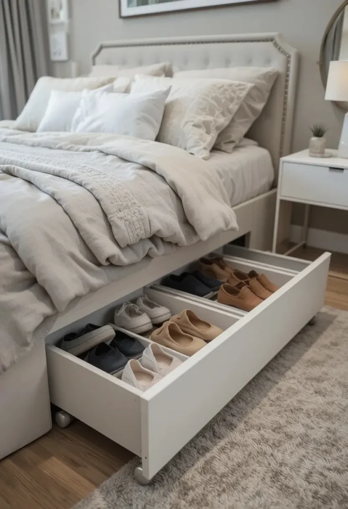 Rolling under-bed drawers used for hidden shoe storage.