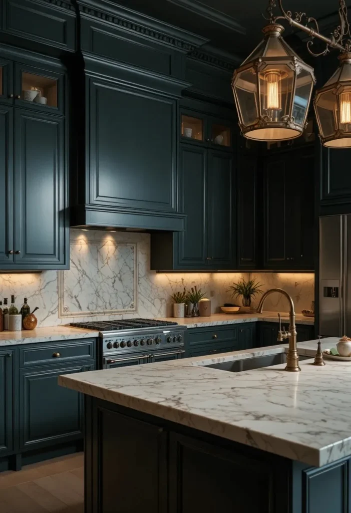 Dark green L-shaped kitchen contrasted by a light stone island and warm lighting.