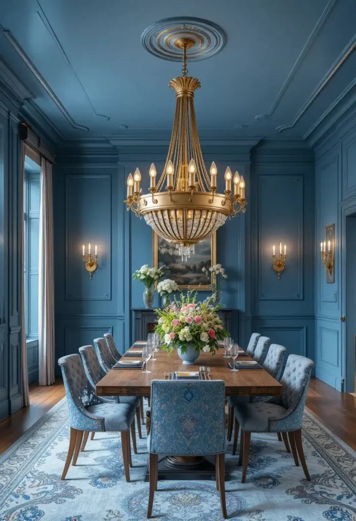Elegant blue dining room with oversized statement chandelier above oak dining table.