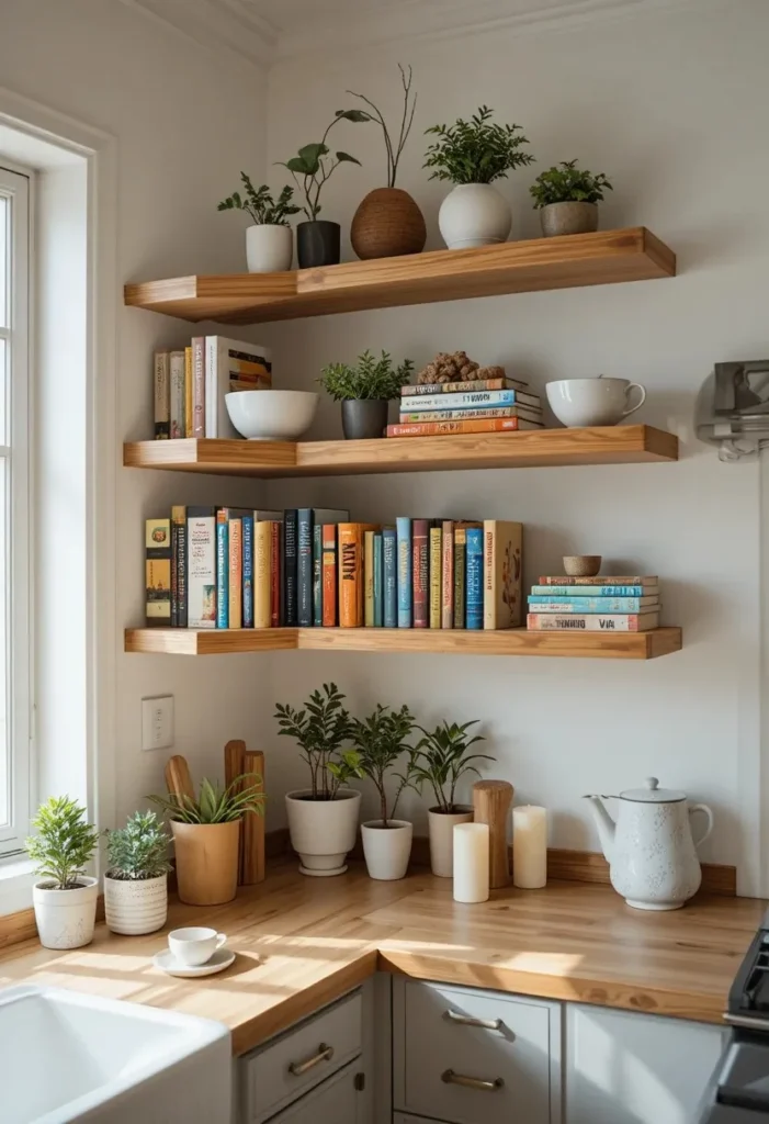 Kitchen floating shelves styled with cookbooks and decorative accessories.