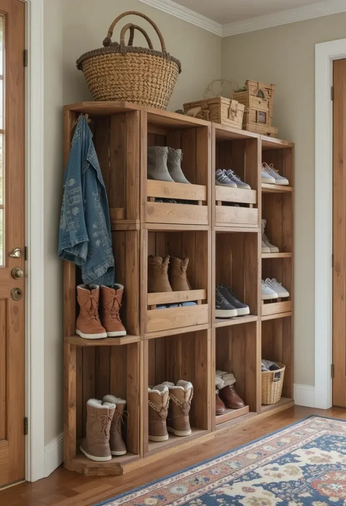 Stacked wooden crates transformed into shoe storage cubbies.