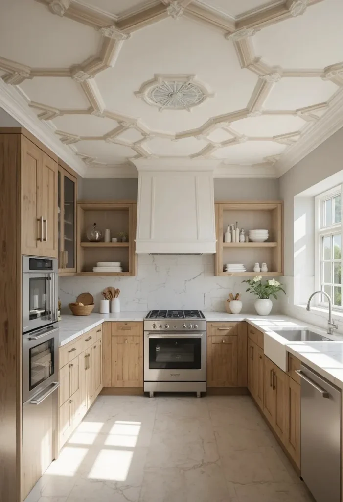 Kitchen ceiling decorated with a bold geometric painted pattern.