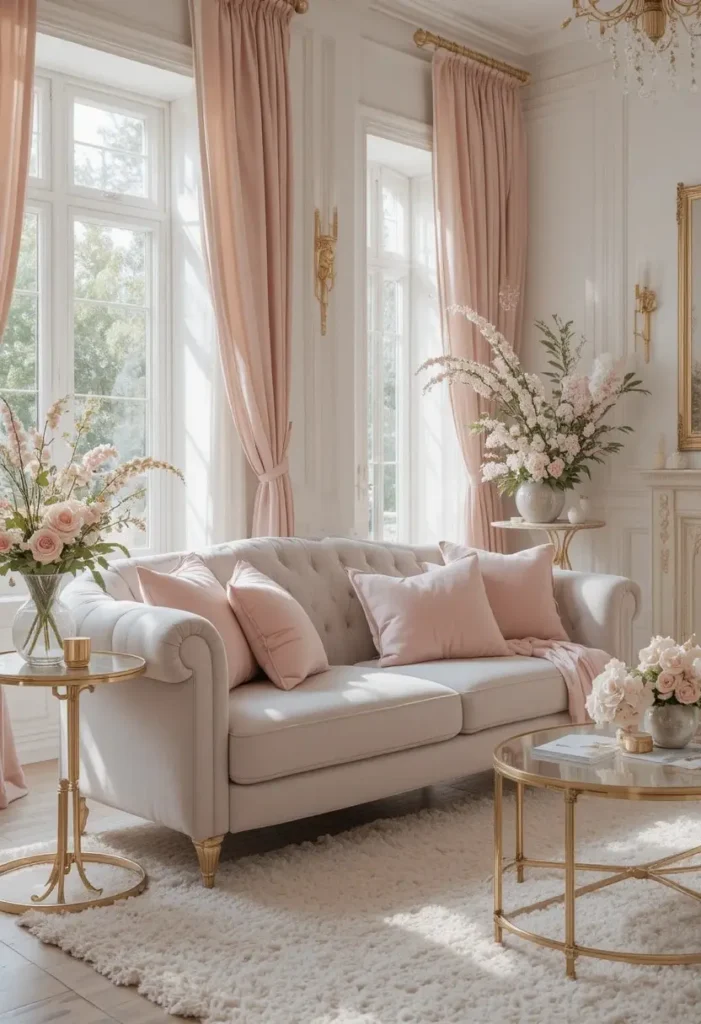 Grey couch paired with blush pink accents for a soft and elegant living room.