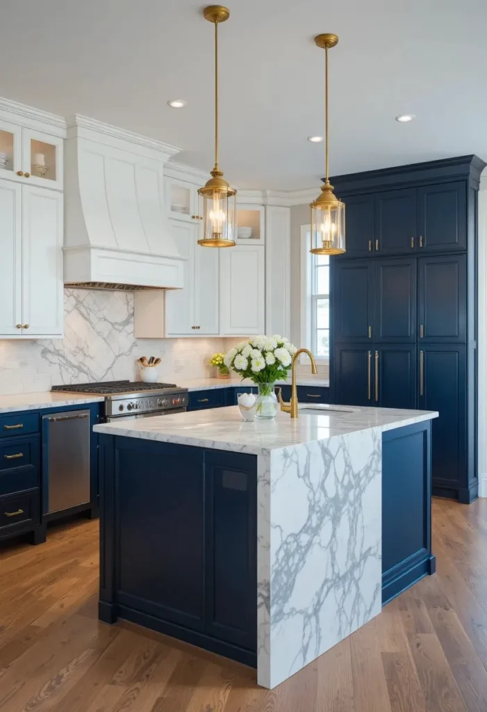 Navy blue L-shaped kitchen with a white marble island and brass accents.