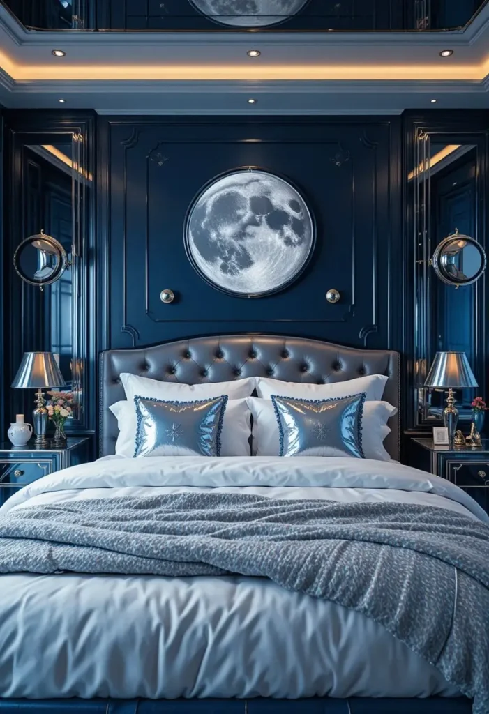 Space themed bedroom decorated with metallic silver accessories, moon wall art, and star accents.