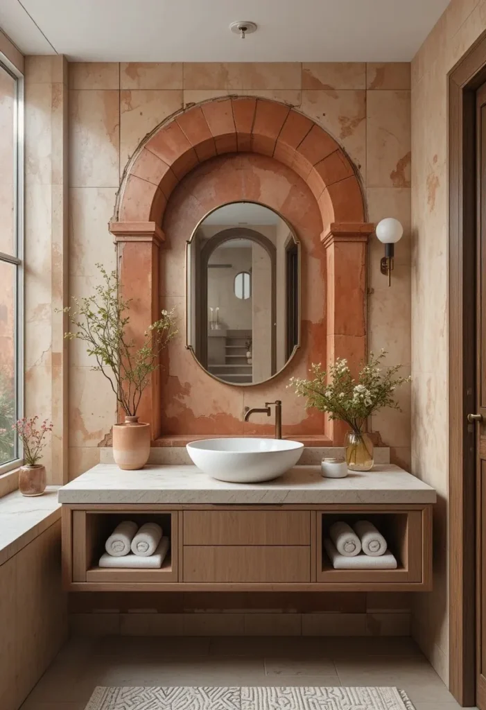 Hand-painted arch mural creating a statement bathroom feature wall.