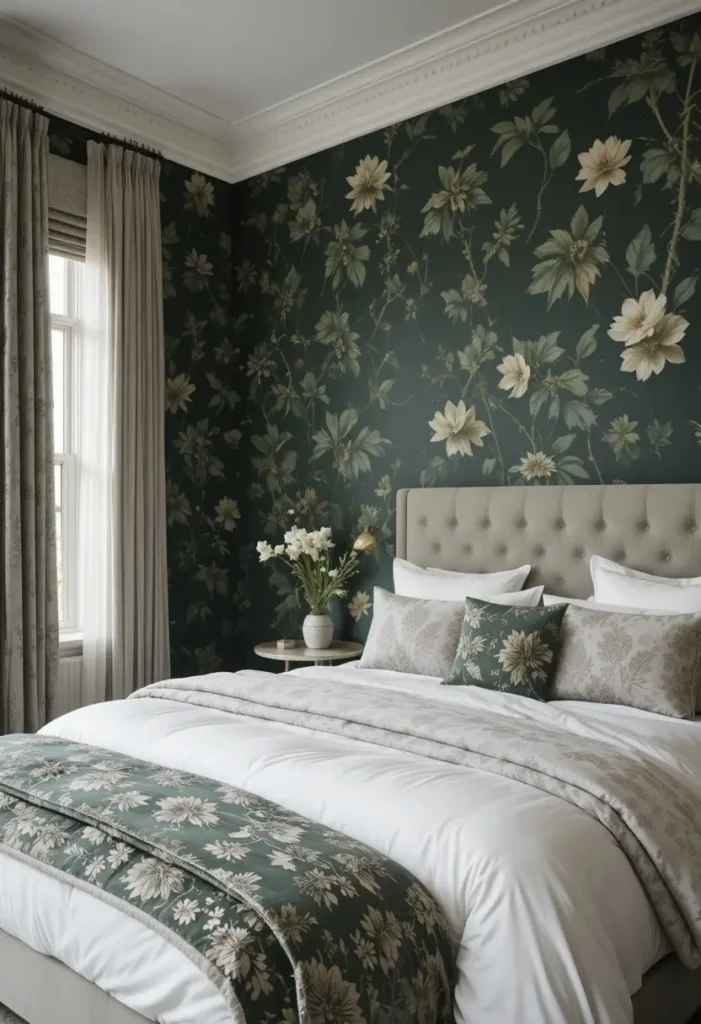 Bedroom with a dark green botanical wallpaper feature wall behind a neutral bed