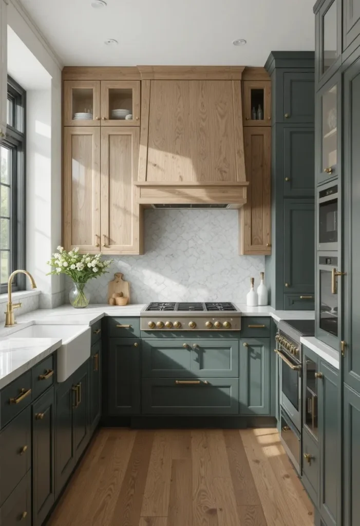 Two-tone kitchen with white oak upper cabinets and sage green lower cabinets for a balanced modern look.