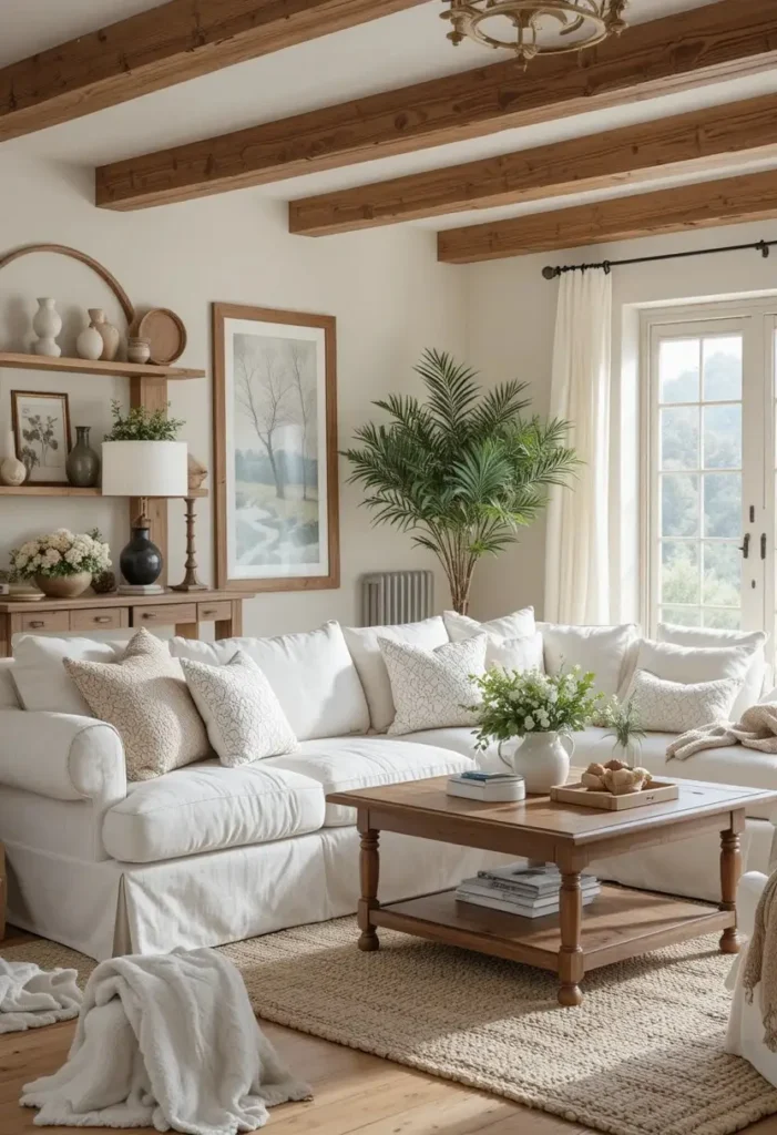 Cotton slipcover sofa creating a relaxed and cozy farmhouse living room feel.