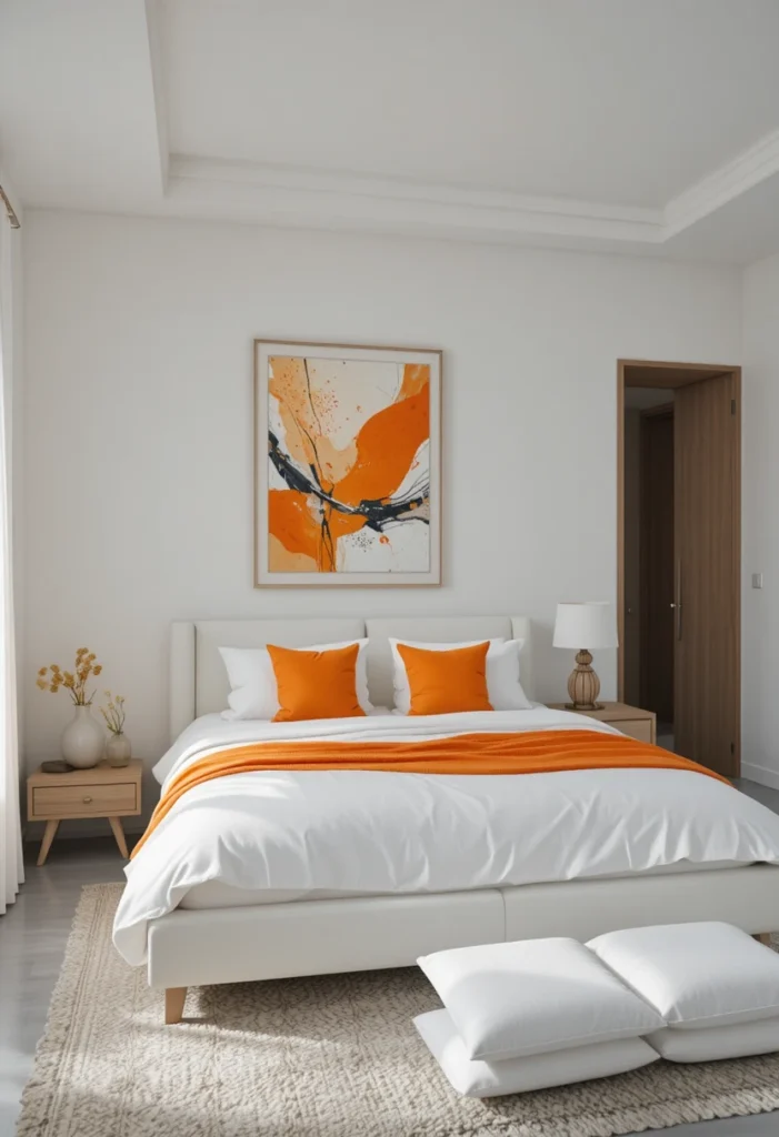 White modern bedroom with orange accents and minimalist styling.