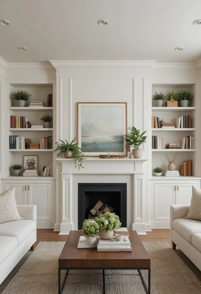 Built-in shelves around fireplace enhancing storage and architectural style.